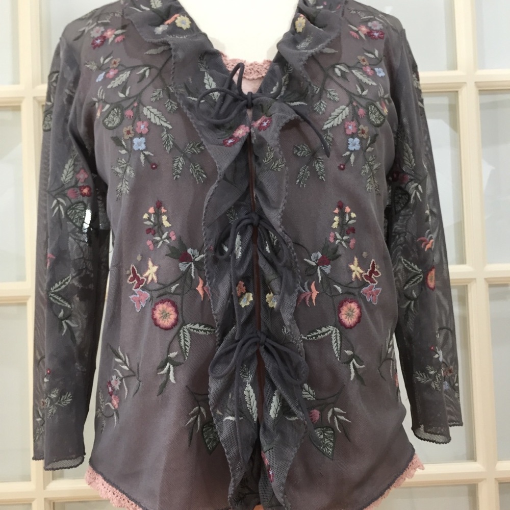 J.Jill Embroidered Floral Sheer Blouse Fluted Sleeve Top XS - Picture 5 of 15